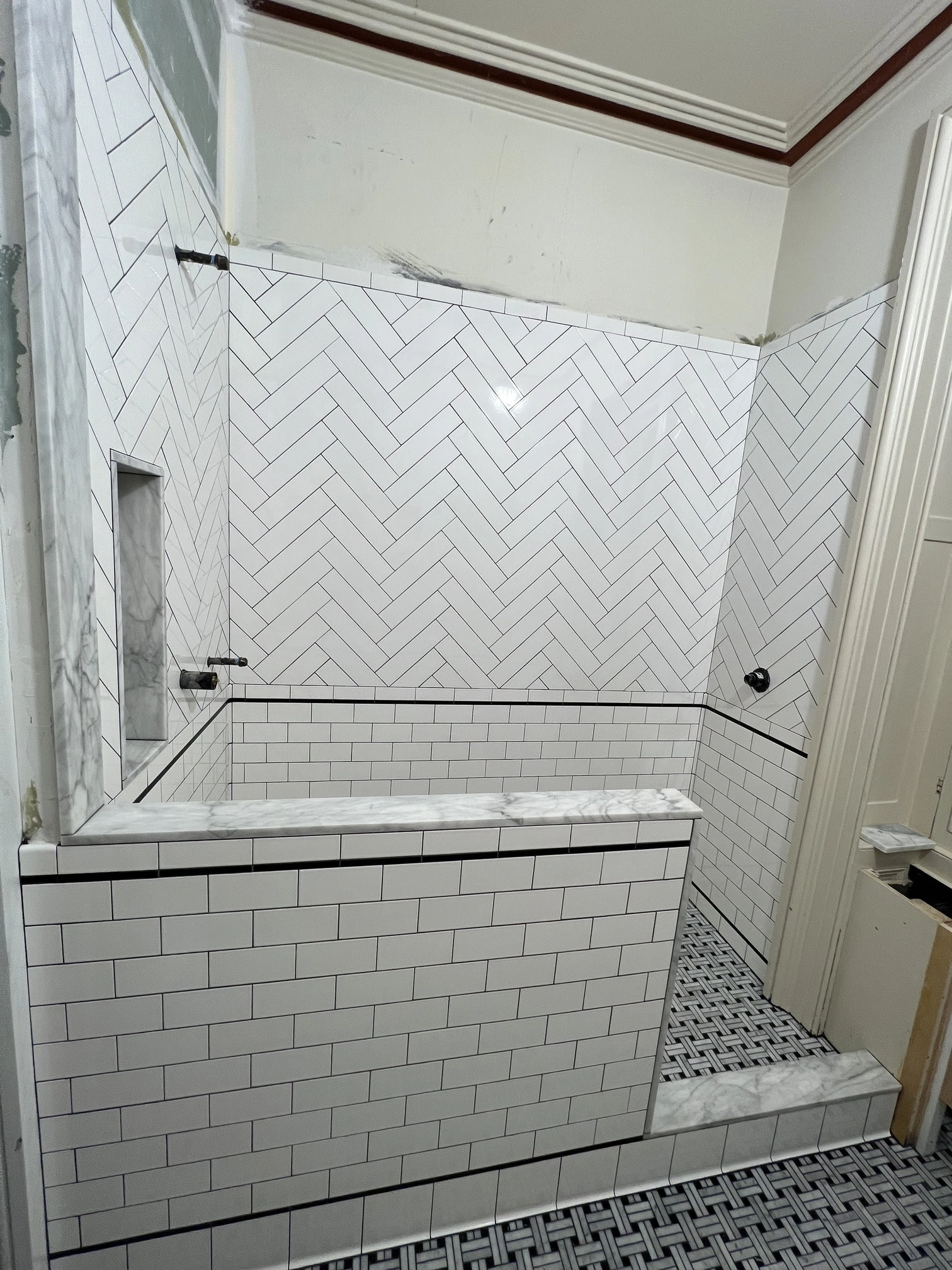 Bathroom Marble Mosaic floor herringbone subway tile